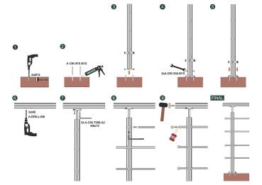 Edelstahl Geländerpfosten Seitenverankerung 40x40 Bauhöhe 1000mm mit 5x Querstabhalter Ø12,0 Geländer V2A geschliffen K320